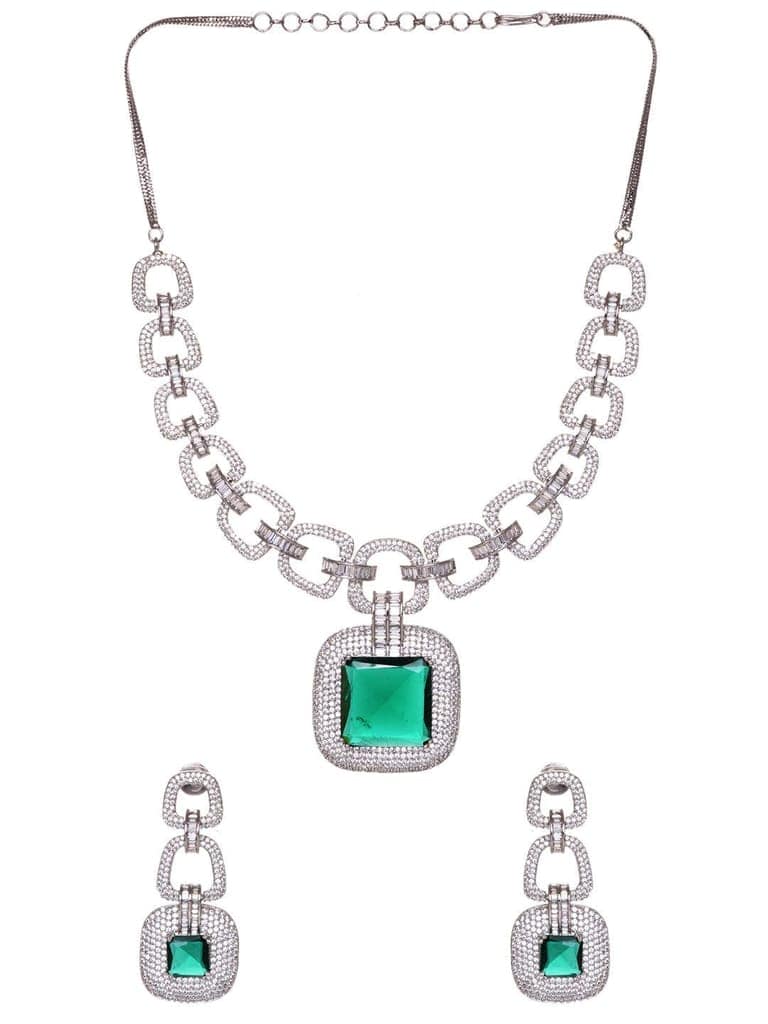 Silver Plated Green AD Studded Statement Necklace Jewellery Set view 4