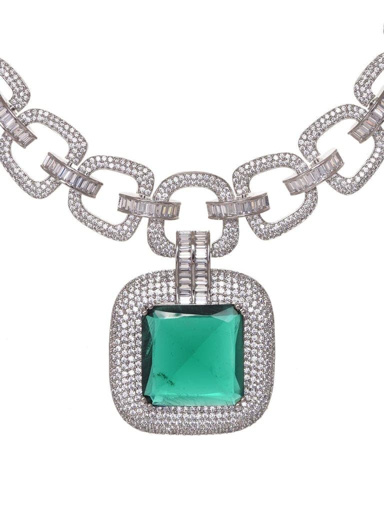 Silver Plated Green AD Studded Statement Necklace Jewellery Set view 5