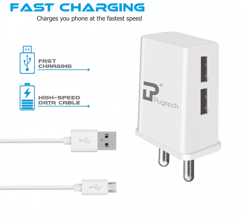 Plugtech 2.4A Dual Port USB Charger With Cable (White) view 3