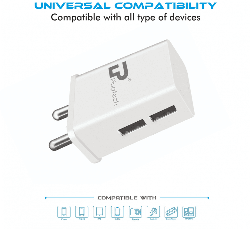 Plugtech 2.4A Dual Port USB Charger With Cable (White) view 4