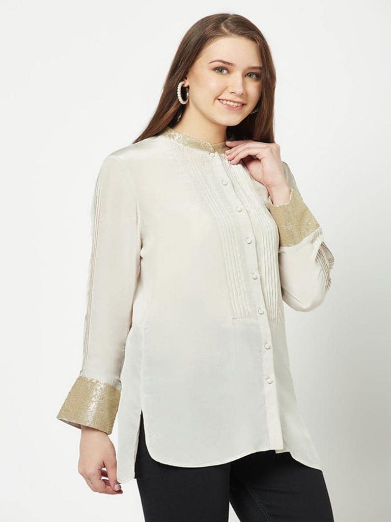 Grey Embellished Silk Shirt view 4