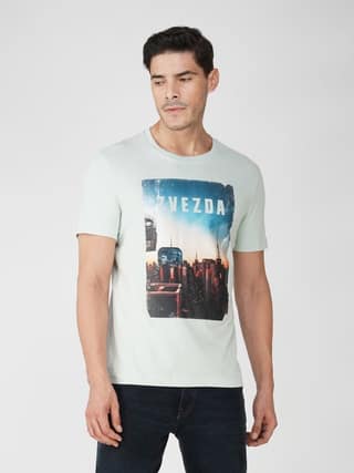 Men’s Graphic Print Round Neck Cotton Tee-Blue