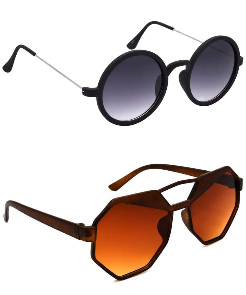 HRINKAR Unisex Round Sunglasses Silver & Brown Frame, Grey & Brown Lens (Medium) - Pack of 2