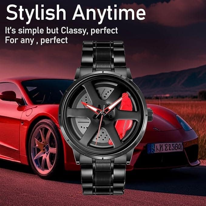 Men's Car Wheel Watch with Spinning Car Rim Hub Design|| Analog Stainless Steel || Quartz Movement|| Water Resistant, Scratch Resistant view 3
