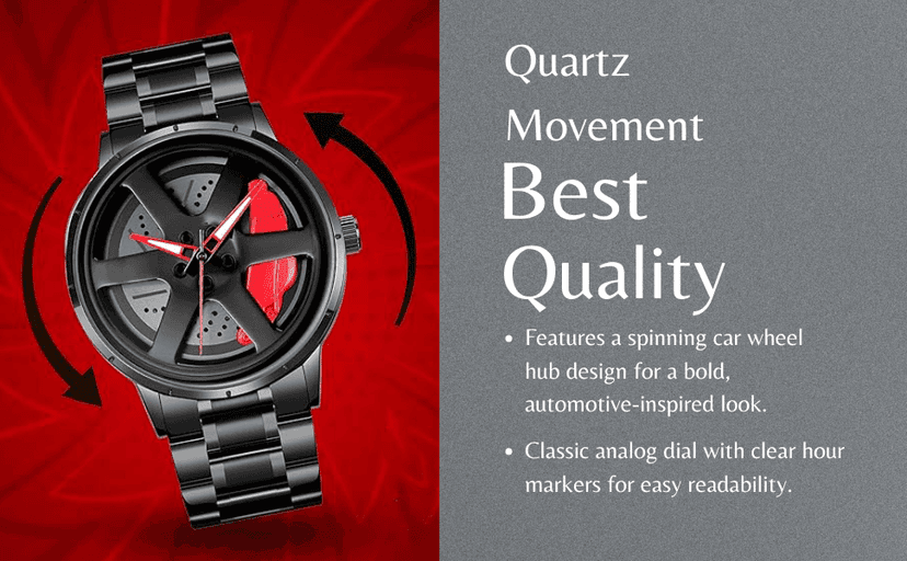 Men's Car Wheel Watch with Spinning Car Rim Hub Design|| Analog Stainless Steel || Quartz Movement|| Water Resistant, Scratch Resistant view 7