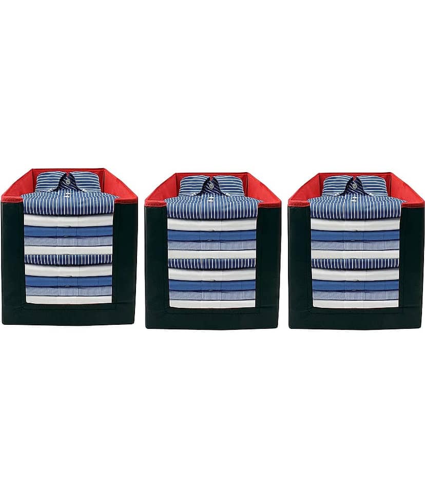 SH. NASIMA Foldable Non Woven Shirt Stacker Wardrobe Organizer With Side Handle (Pack of 3 Black Red)