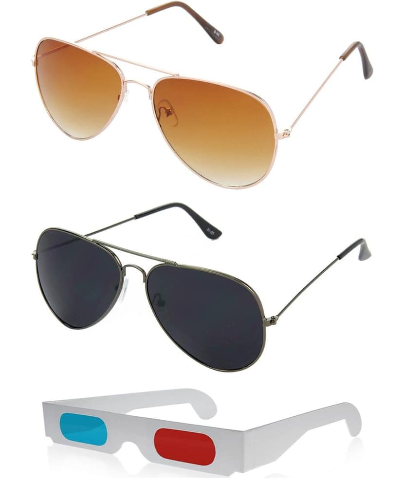 HRINKAR Pilot Stylish Sunglasses For Men And Women (Brown And Black Lens | Gold And Grey Frame - HCMB002) With Free Paper 3D Glass