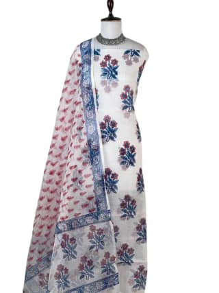 Kota Doria Dress Material Indigo Blue Floral Buti
