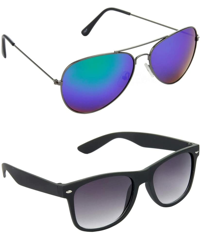 HRINKAR Men Pilot Sunglasses Grey & Black Frame, Blue & Grey Lens (Medium) - Pack of 2