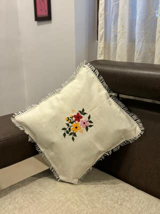 Handcrafted Floral Cushion Cover - 16x16 Inches, Cotton-Wool Blend for Elegant Home Decor