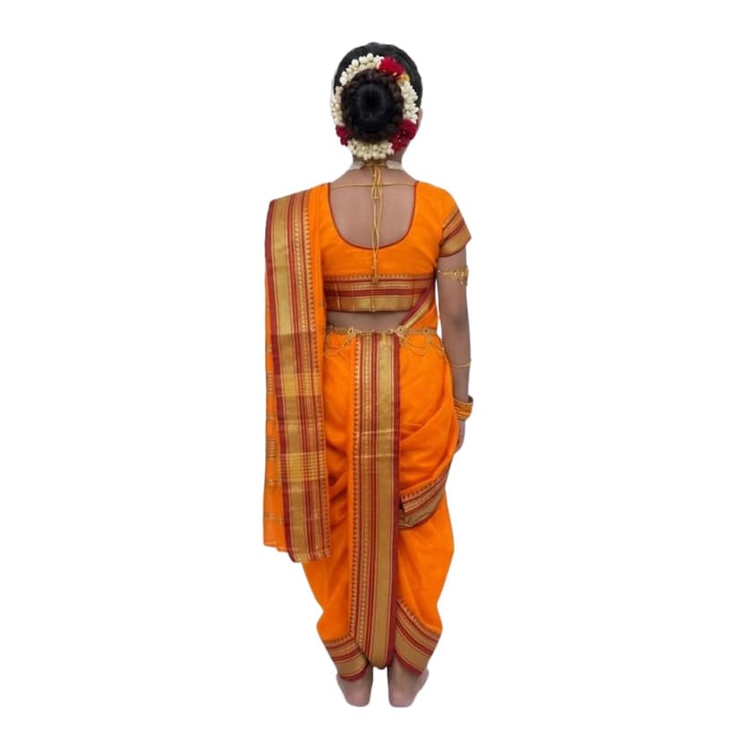 Mom and Me Girls' Ready-to-Wear Mastani Nauwari Saree with Stitched Blouse | Traditional Maharashtrian Ilkal Border | Soft Acrylic Cotton | Age 12 Months to 15 Years (Orange, 7-8 Years) view 2
