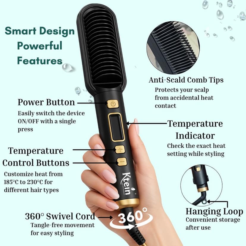 Ktein Hair Straightener Comb Brush for Women | Dual Ceramic Plates + Anti-Scald Design | PTC Fast Heating | Adjustable Temperature 180°F to 450°F | Professional Hair Styling Tool view 3