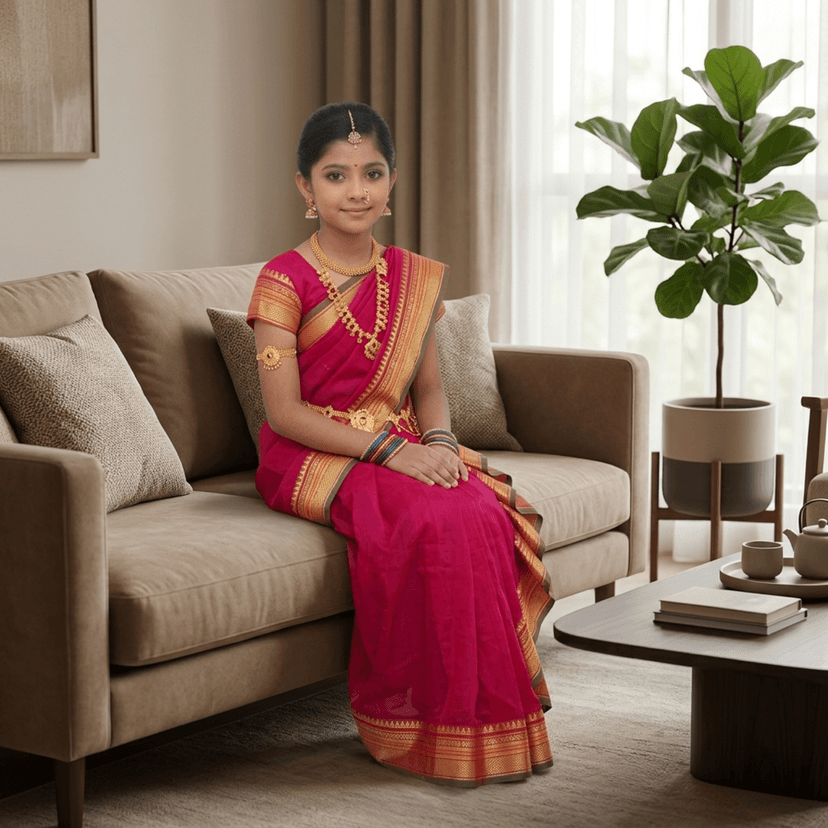 Mom and Me Girls' Ready-to-Wear Mastani Nauwari Saree with Stitched Blouse | Traditional Maharashtrian Ilkal Border | Soft Acrylic Cotton | Age 12 Months to 15 Years (Pink, 11-12 Years) view 3