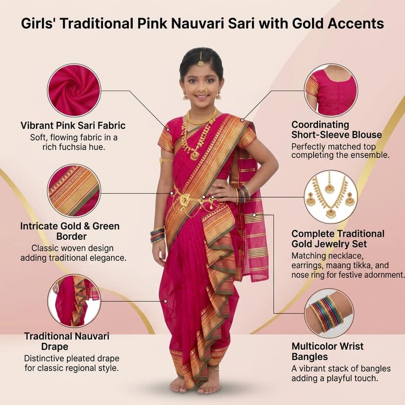 Mom and Me Girls' Ready-to-Wear Mastani Nauwari Saree with Stitched Blouse | Traditional Maharashtrian Ilkal Border | Soft Acrylic Cotton | Age 12 Months to 15 Years (Pink, 11-12 Years) view 4