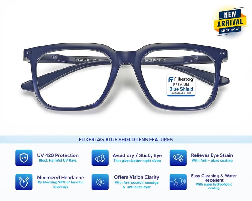 Flikertag Blue Cut Computer Glasses for Eye Protection | Zero Power Blue Light Filter Glasses With UV Protection | Anti Glare Specs for Men & Women [FTF208 F1 Square Matte Navy Blue Frame, 52mm]