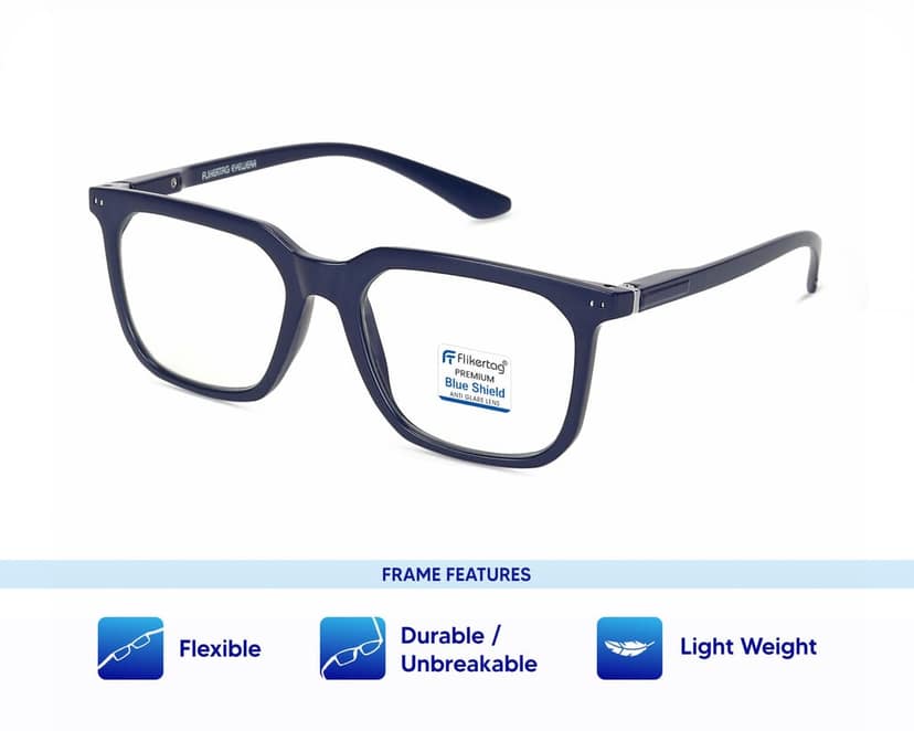 Flikertag Blue Cut Computer Glasses for Eye Protection | Zero Power Blue Light Filter Glasses With UV Protection | Anti Glare Specs for Men & Women [FTF208 F1 Square Matte Navy Blue Frame, 52mm] view 2