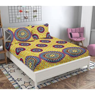 Black Bee Jaipuri Mandala Print On Yellow Base 3DDouble Bedsheet With 2 Pillow Covers (208 X 213 Cm)(Bs17-02)