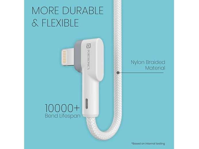 Portronics Konnect L 20W PD Quick Charge Type-C to 8-Pin USB Mobile Charging Cable, 1.2M, Tangle Resistant, Fast Data Sync - White view 3