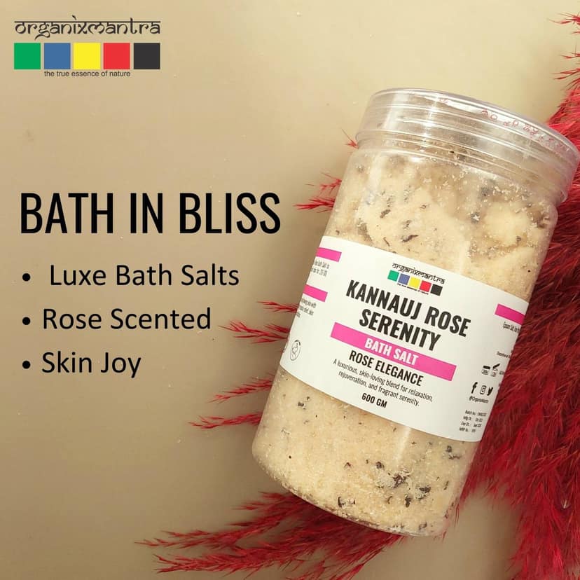 Organix Mantra Kannauj Rose Serenity Bath Salt - Soothing Epsom Blend with Natural Rose Petals and Rose Oil for Relaxing Spa Experience| Hydrating Skin Soak - 600G view 2