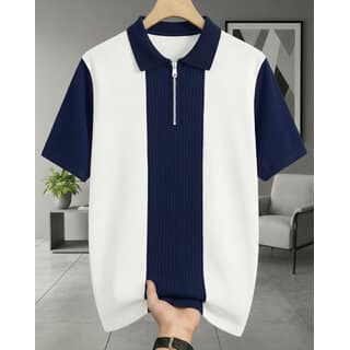 Ausk Mens Blue, White Graphic Print Cotton Blend Polo Collar T-Shirt