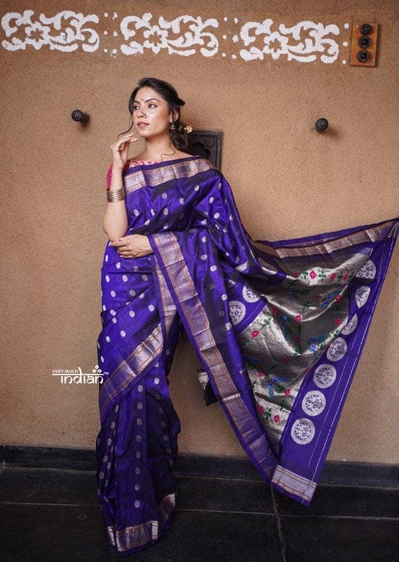 Rajsi~ Authentic Pure Silk Handloom Maharani Paithani - Deep Indigo Blue with Silver Zari, High Quality Silk view 2