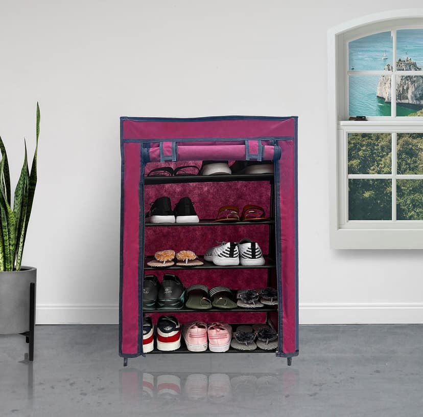 PHILOSHOP 5-Tier Metal Shoe Rack with Dustproof Cover – Space-Saving Storage Organizer for Entryway