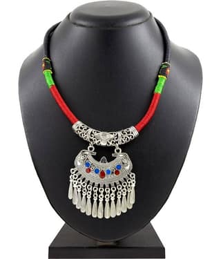 The Jewelbox Tribal Tibetan Oxidised German Silver Enamel Filigree Red Green Cotton Thread Necklace For Girl Women