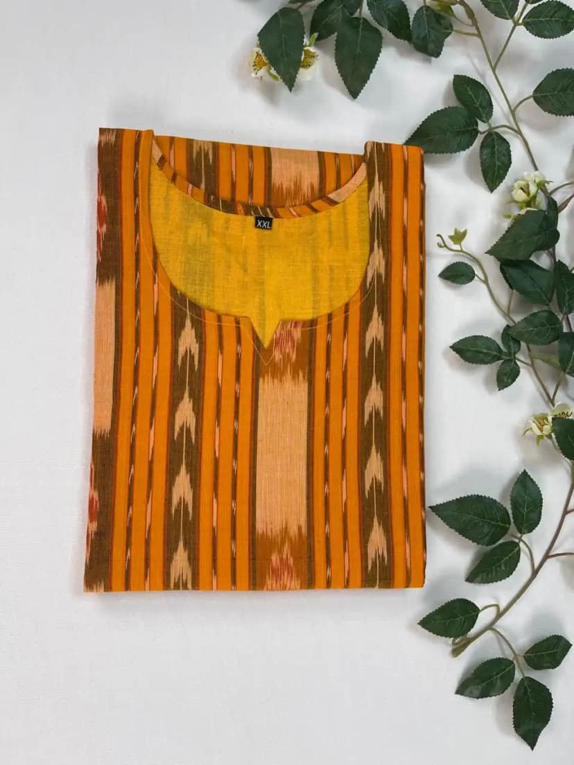Sambalpuri Handloom Cotton Kurti in Orange with Bandhakala Ikat view 5