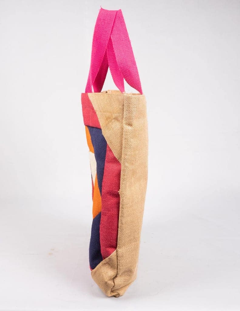 Handmade Patchwork Jute Tote Bag with Pink Handles view 3