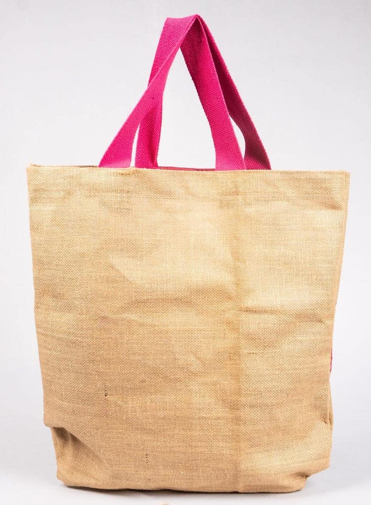Handmade Patchwork Jute Tote Bag with Pink Handles view 4