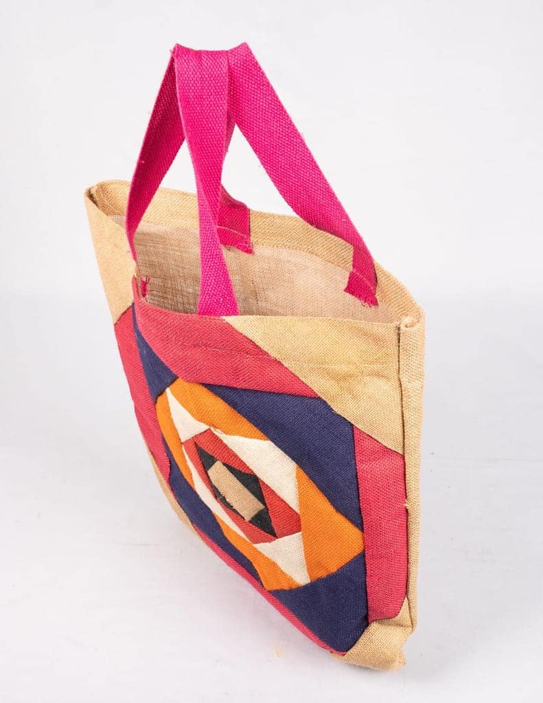 Handmade Patchwork Jute Tote Bag with Pink Handles view 5