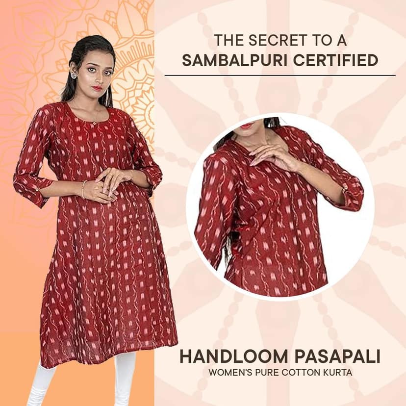 GHL GUENDICHA HAAT Sambalpuri Certified Handloom Women's Pure Cotton Round Neck Long Kurta view 6