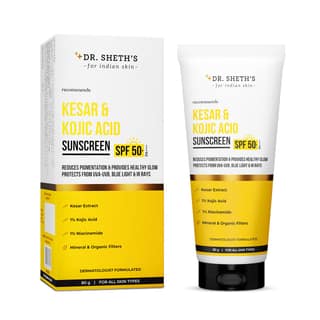Dr. Sheth's Kesar & Kojic Acid Sunscreen SPF 50+ Pa++++ | With 2% Kojic Acid | In-Vivo Tested | For Pigmentation-Free Skin | Lightweight & Non Greasy | For UVA/UVB & Blue Light & IR Protection | No White Cast | For All Skin Types | For Men & Women | 80 g