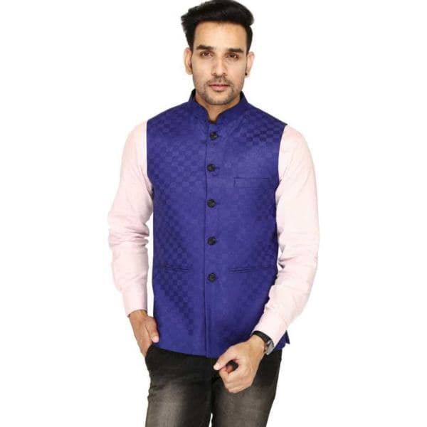 Traditional Checked Sleeveless Blue Jacket