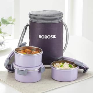 Borosil Glory Lavender Stainless Steel Lunchbox with Bag | 3 pcs Round Container Set (280ml Each) | Microwavable Tiffin with Food Grade Steel | Leakproof & Dishwasher Safe | 1 Year Warranty