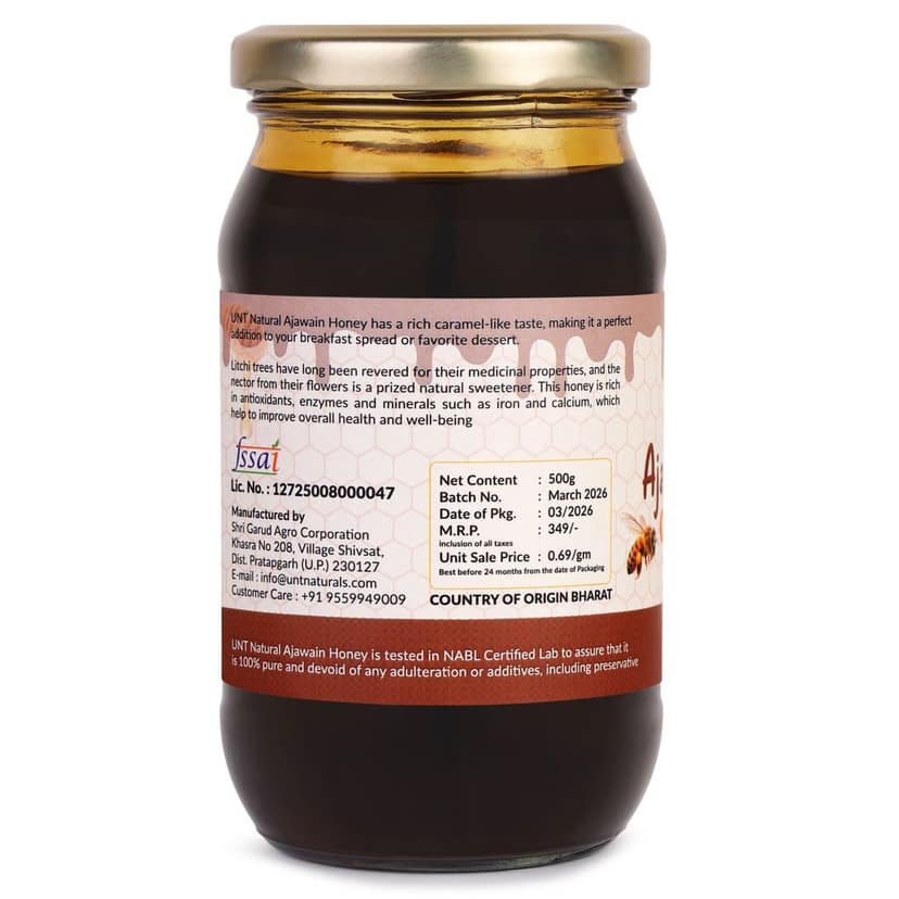 UNT Naturals Ajwain Honey 500g- Raw & Natural Honey- Pure, Unfiltered & Unprocessed Shahad- No Added Sugar- Healthy, Naturally Contains Enzymes & Antioxidants- Ideal for Cooking, Baking & Daily Use view 3