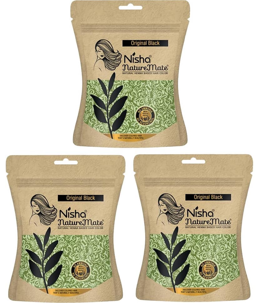 Nisha Nature Mate Henna Based Hair Colour Original Black 45gm Pack of 3, No Ammonia, No Resorcinol, 100% Grey Coverage