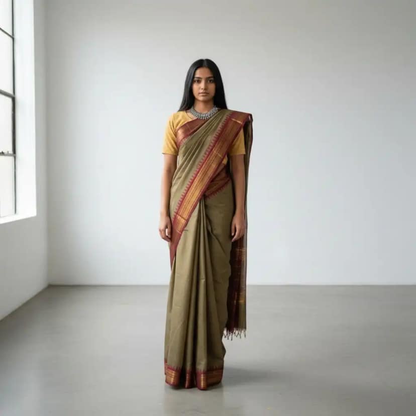 Handwoven Kanchipuram Cotton Saree in Khaki Brown with Temple Border
