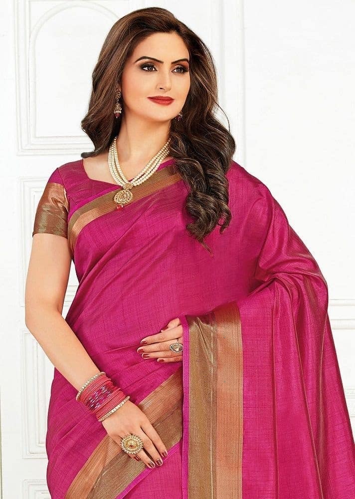 Woven Tussar Silk Saree in Fuchsia view 2