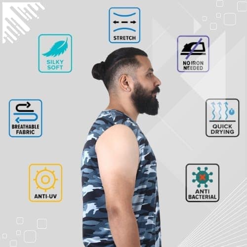 Men's Gym Sleeveless T-Shirt Camouflage Grey - Drifit, Quick Dry Sports Tank Top, Sando Vest view 3