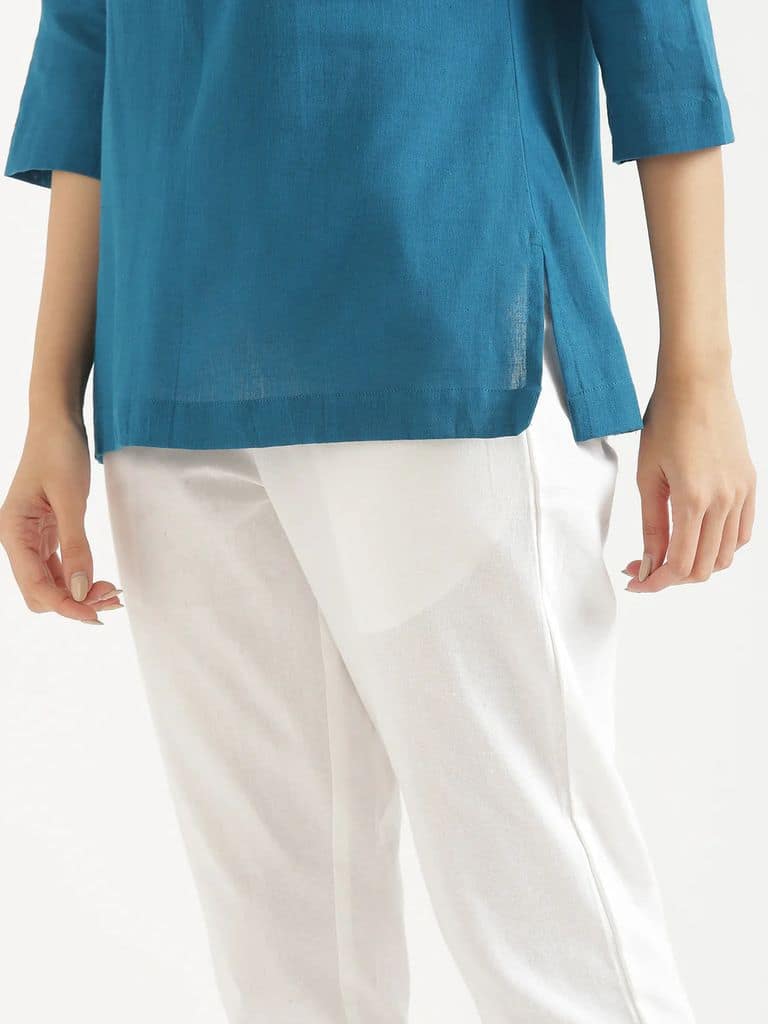 Women's Solid Cotton Kurta with 3/4th Sleeves and Round Neck (Teal Blue) view 7