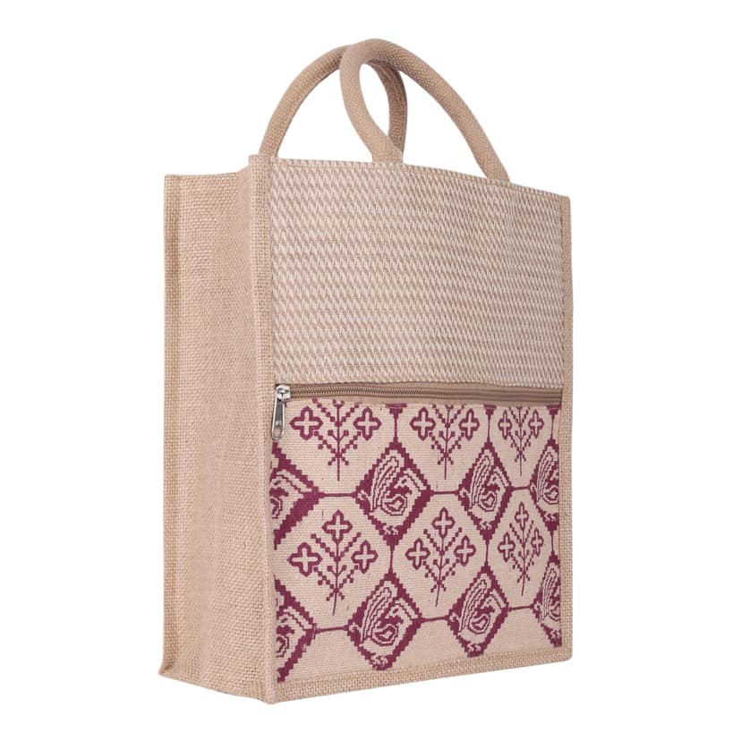 Raiganj Crafts : Jute Totes Bags for Women & Men Shopping Tote Bag Grocery Bags Travel Bag / Bag for Shopping/Tiffin/Picnic/Grocery/Gym Hand Bag with Zip and Jute Handle view 3