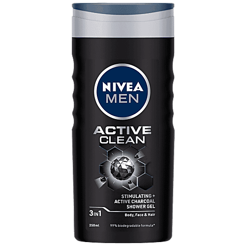 Nivea Men Active Clean Shower Gel - With Active Charcoal, For Body, Face & Hair, 250 ml