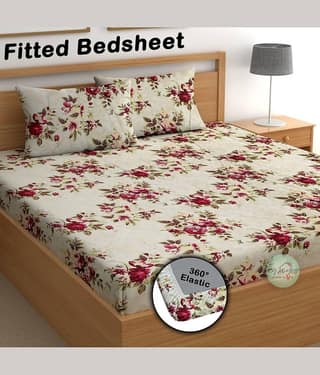 CG HOMES Cotton Floral Fitted 1 Bedsheet with 2 Pillow Covers ( Double Bed ) - Cream