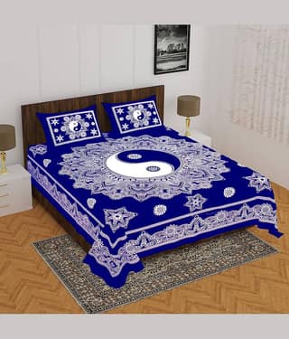 HOME Cotton Ethnic Double Bedsheet with 2 Pillow Covers - Blue