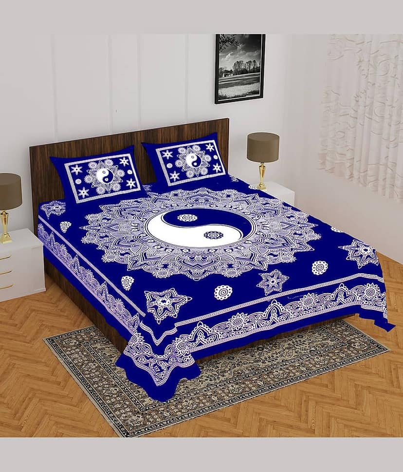 HOME Cotton Ethnic Double Bedsheet with 2 Pillow Covers - Blue