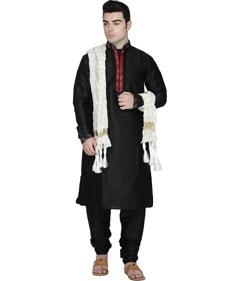 SKAVIJ Black Silk Blend Kurta Pyjama Set