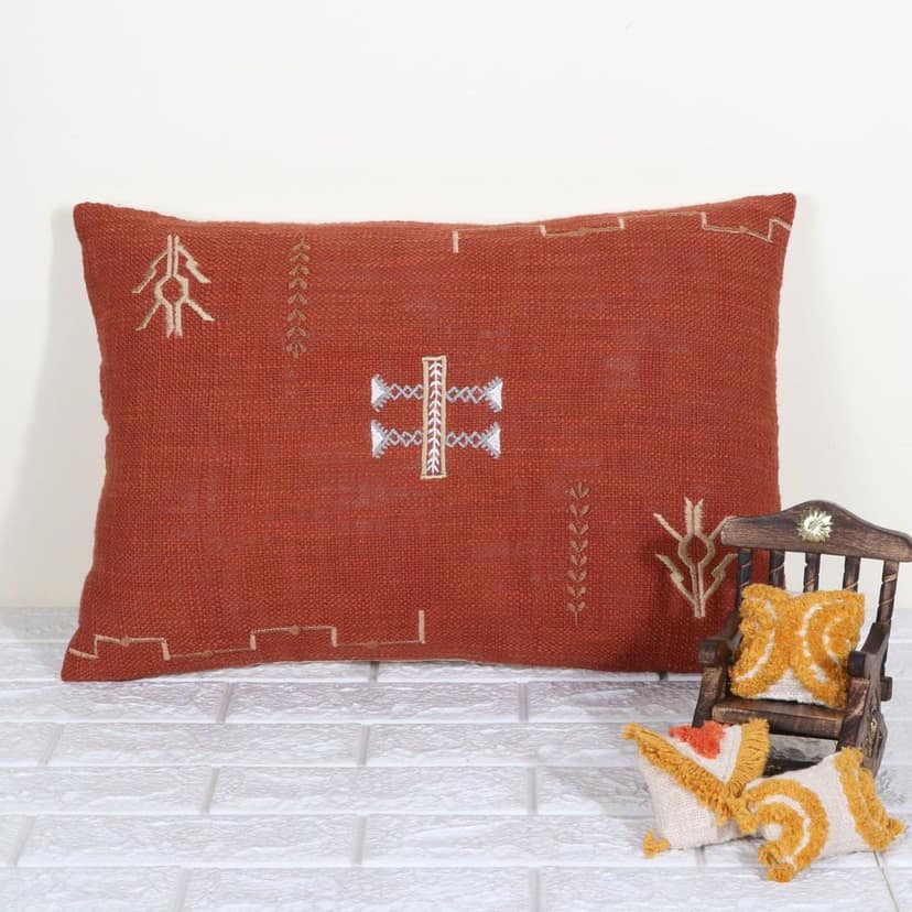 Indihomecraft Brick Red Cushion Cover Hand Woven Cactus Inspired Decorative Boho Cushion Cover for Sofa Couch Swing Chair Living Room & Bedroom 14 x 20 Inches, Set of 1