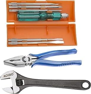 ACHRO 908 Universal Tool Kit Set for Home/Garage/Car/Bike/Industry, Contains 6 Pcs Screwdriver Set & 8 inch Combination Plier, 8 inch Adjustable Spanner (Set of 8 pcs Tool kit)