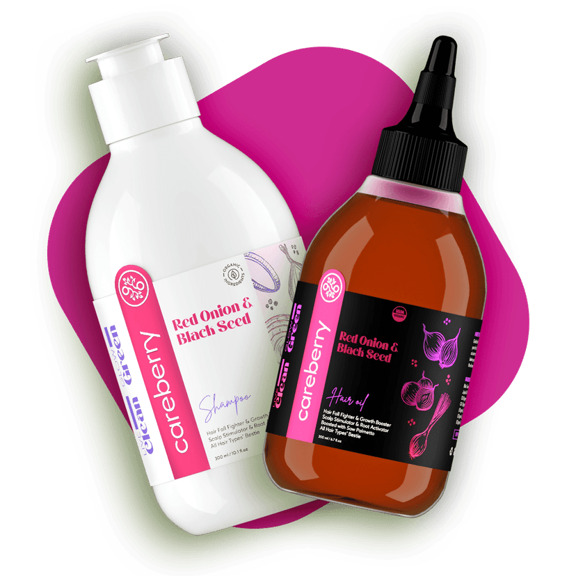 Careberry Red Onion & Black Seed Hair Care Duo | Shampoo & Oil Combo for Hair Growth | Sulfate & Paraben Free | For Men & Women | 300ml Shampoo + 200ml Oil